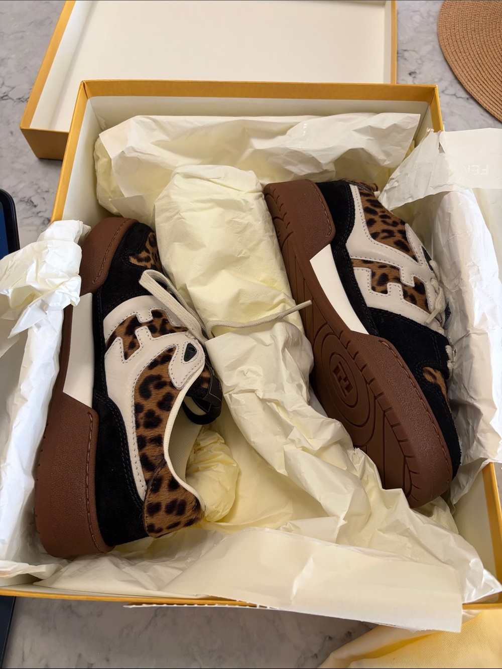 NWT Fendi Leopard-Print Low-Top Sneaker in Black, Cream & Brown w/ box &laces! - Picture 1 of 17